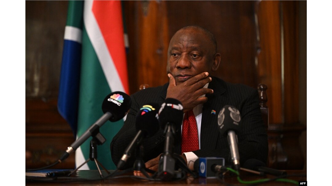 FILE - South Africa's President Cyril Ramaphosa speaks during a press conference in central London, Nov. 24, 2022.