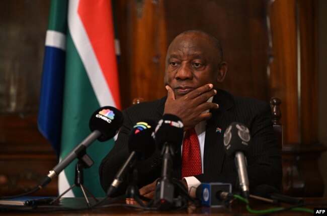 FILE - South Africa's President Cyril Ramaphosa speaks during a press conference in central London, Nov. 24, 2022.