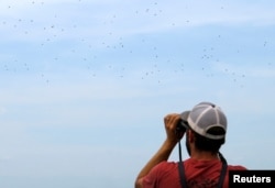 A birdwatcher observes the Rio de Rapaces phenomenon on top of Hotel Bienvenido, in Jose Cardel, Veracruz, Mexico October 17, 2022. (REUTERS/Carolina Pulice)