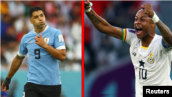 Luis Suarez (L) and Ghana's Andre Ayew (R) playing against South Korea. Both will meet in a final Group match at the 2022 FIFA World Cup.