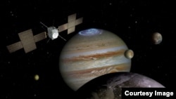 An artist's illustration depicts the ESA's JUICE spacecraft, which will make detailed observations of Jupiter as well as its three large moons, Ganymede, Callisto and Europa. (Image Credit: ESA)