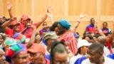Delegates cheer at the 7th Swapo Party Congress as intra-party election results were being announced, in Windhoek, Namibia, Nov. 29, 2022. (Vitalio Angula/VOA)