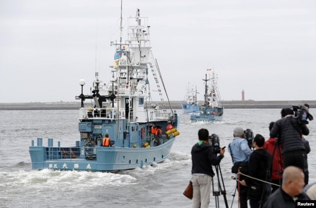 FILE - Whaling ships which are set to join the resumption of commercial whaling leave a port in Kushiro, Hokkaido Prefecture, Japan, July 1, 2019.