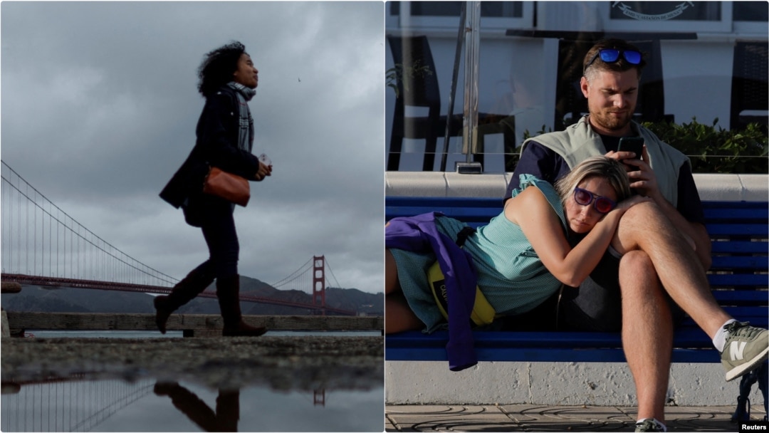Kombinovana fotografija nadolazeće oluje u San Francisku i toplog vremena u Malagi (Foto: Reuters)
