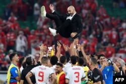 Morocco's coach Walid Regragui is thrown into the air as his players celebrate winning the Qatar 2022 World Cup Group F football match between Canada and Morocco on December 1, 2022.