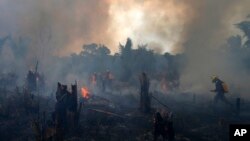 FILE - Fire brigade members work to put out fires in Apui, Amazonas state, Brazil, Sept. 21, 2022. Deforestation in the Brazilian Amazon slowed slightly last year, a year after a 15-year high, according to closely watched numbers published Nov. 30.