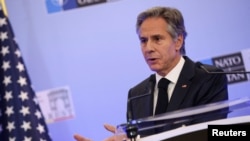 U.S. Secretary of State Antony Blinken speaks at a press conference during a meeting of NATO foreign ministers, at the Palace of the Parliament of Romania in Bucharest, Nov. 30, 2022. 