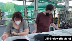 Mary Hagedorn and Taronga Conservation Society scientist Jonathon Daly observe coral at AIMS in Townsville, Australia December 12, 2022. 