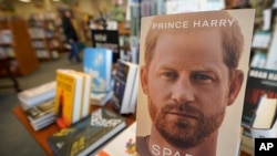 FILE- A photo of the book by Prince Harry called "Spare" at a bookstore in Freeport, Maine, Jan. 10, 2023.