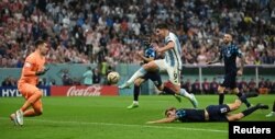 Argentina's Julian Alvarez scores their second goal in the FIFA World Cup Qatar 2022 semi-final game against Croatia in Lusail Stadium, Lusail, Qatar, Dec. 13, 2022