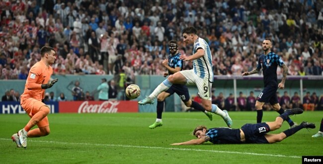 Argentina's Julian Alvarez scores their second goal in the FIFA World Cup Qatar 2022 semi-final game against Croatia in Lusail Stadium, Lusail, Qatar, Dec. 13, 2022