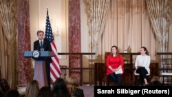 U.S. State Secretary Antony Blinken speaks alongside Katrina Fotovat, Acting Ambassador-at-Large for the Office of Global Women's Issues, and Jennifer Klein, Director of the White House Gender Policy Council.