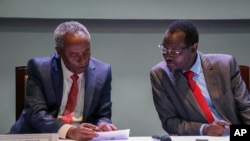 FILE - Head of the Tigray Forces Lieutenant General Tadesse Werede, left, and Chief of Staff of Ethiopian Armed Forces Field Marshall Birhanu Jula read a copy of an agreement at Ethiopian peace talks in Nairobi, Nov. 12, 2022.
