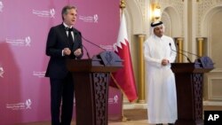 United States Secretary of State Antony Blinkin, left, and Qatar Foreign Minister Mohammed Bin Adbulrahman Al Thani speak to media during a press conference at the Diplomatic Club, in Tuesday, Nov. 22, 2022.