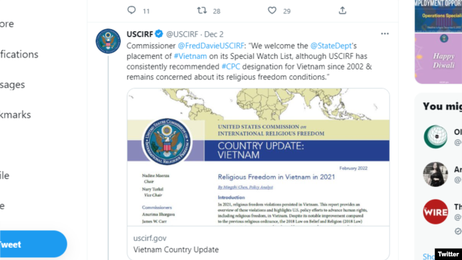 USCIRF hoan nghênh việc Bộ Ngoại Mỹ đưa Việt Nam vào danh sách SWL. Photo Twitter USCIRF.