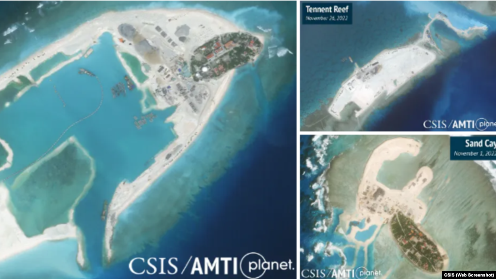 Hình ảnh vệ tinh của Trung tâm Nghiên cứu Chiến lược Quốc tế (CSIS) của Mỹ cho thấy việc mở rộng các đảo mà Việt Nam chiếm giữ ở Trường Sa.