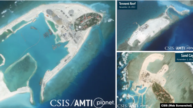 Hình ảnh vệ tinh của Trung tâm Nghiên cứu Chiến lược Quốc tế (CSIS) của Mỹ cho thấy việc mở rộng các đảo mà Việt Nam chiếm giữ ở Trường Sa.