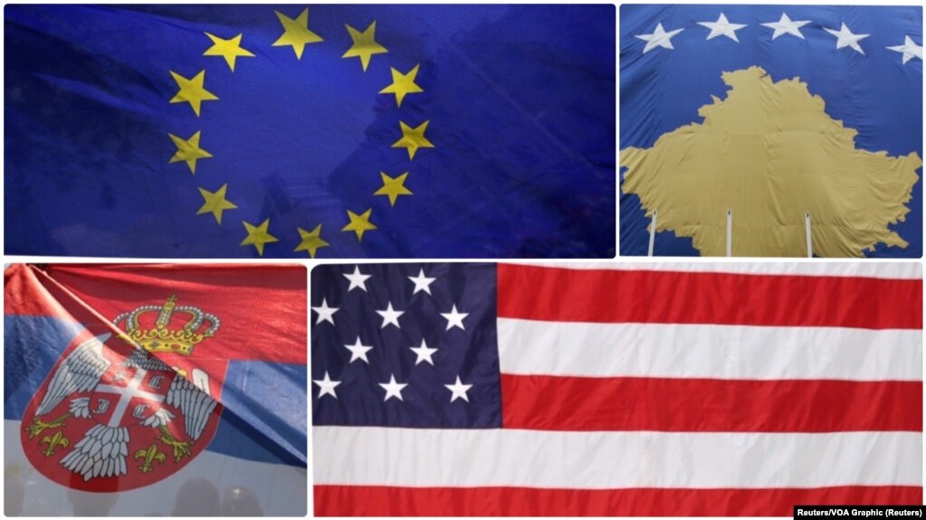 Flags of EU, Kosovo, Serbia and US (Foto: Reuters/VOA Graphic)