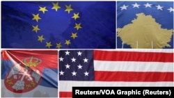 Flags of EU, Kosovo, Serbia and US (Foto: Reuters/VOA Graphic)