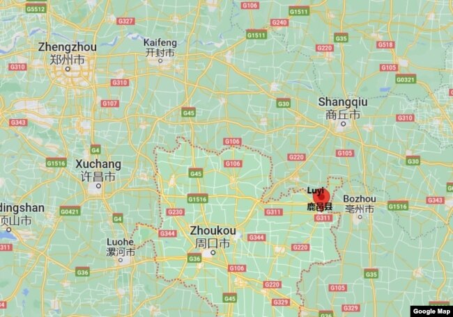 谷歌地图显示的河南省周口市鹿邑县地理位置图。
