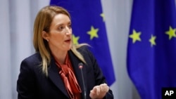 European Parliament President Roberta Metsola is pictured on the sidelines of an EU summit in Brussels, Dec. 15, 2022. 