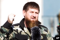 FILE - Ramzan Kadyrov, leader of the Russian province of Chechnya, speaks in Chechnya's regional capital of Grozny, Russia, March 29, 2022.