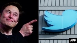 FILE: This combination of file pictures created on November 18, 2022 shows Tesla CEO Elon Musk on March 14, 2019, Hawthorne, California and the Twitter logo outside their headquarters in San Francisco, California, on October 28, 2022.