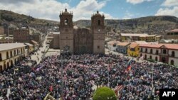 Hundreds of protesters gather at the main plaza in the Andes city of Puno, in southern Peru, Jan. 9, 2023, in support of ousted President Pedro Castillo. Political upheaval has roiled Peru since early December.