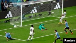 Uruguay's Giorgian De Arrascaeta scores his second goal against Ghana at the 2022 FIFA World Cup, Al Janoub Stadium, Qatar, December 2, 2022