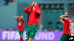 Morocco's Youssef En-Nesyri reacts after missing a chance to score during the World Cup third-place playoff soccer match between Croatia and Morocco at Khalifa International Stadium in Doha, Qatar, Dec. 17, 2022. 