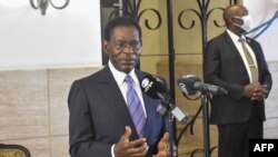 FILE: Equatorial Guinea's President Teodoro Obiang Nguema Mbasogo speaks after casting his ballot at the polling station of the former Ministry of Foreign Affairs in Malabo during Equatorial Guinea's presidential, legislative and municipal elections on November 20, 2022