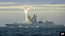 FILE - In this image taken from video released by Russian Defense Ministry Press Service on May 28, 2022, a new Zircon hypersonic cruise missile is launched from a frigate in the Barents Sea. (Russian Defense Ministry Press Service via AP)
