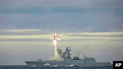 FILE - In this image taken from video released by Russian Defense Ministry Press Service on May 28, 2022, a new Zircon hypersonic cruise missile is launched from a frigate in the Barents Sea. (Russian Defense Ministry Press Service via AP)