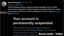 VOA's Steve Herman told his Twitter followers on Dec. 15, 2022, that his account had been suspended.