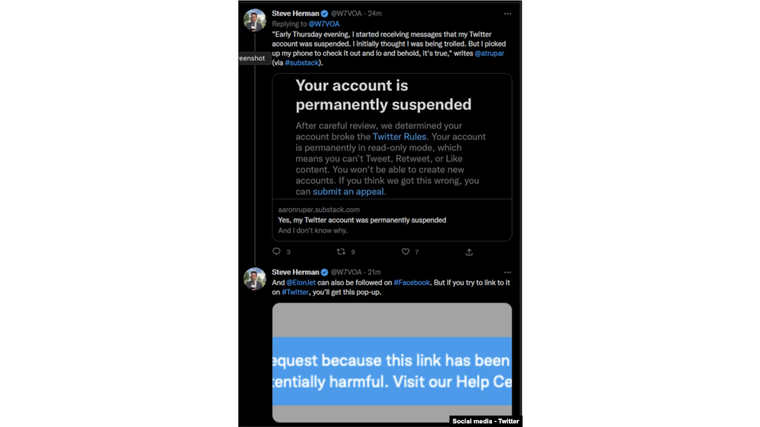 Steve Herman dari VOA memberi tahu para pengikutnya di Twitter pada 15 Desember 2022 bahwa akunnya telah ditangguhkan. (Foto: Twitter)