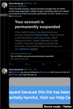 Steve Herman dari VOA memberi tahu para pengikutnya di Twitter pada 15 Desember 2022 bahwa akunnya telah ditangguhkan. (Foto: Twitter)