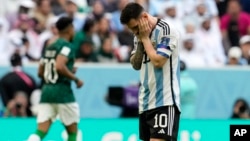Argentina's Lionel Messi reacts disappointed during the World Cup group C soccer match between Argentina and Saudi Arabia at the Lusail Stadium in Lusail, Qatar, Tuesday, Nov. 22, 2022.