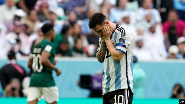 Argentina's Lionel Messi reacts disappointed during the World Cup group C soccer match between Argentina and Saudi Arabia at the Lusail Stadium in Lusail, Qatar, Tuesday, Nov. 22, 2022.