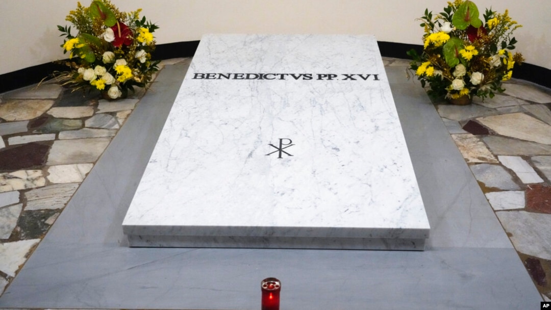 The tomb of late Pope Emeritus Benedict XVI inside the grottos of St. Peter's Basilica, at the Vatican, Jan. 8, 2023.