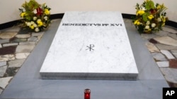 The tomb of late Pope Emeritus Benedict XVI inside the grottos of St. Peter's Basilica, at the Vatican, Jan. 8, 2023.