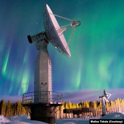 Auroral activity above antenna field at Finnish Meteorological Institute's Arctic Space Center in Sodankyla, Finland, is seen in this photo taken by Matias Takala on March 16, 2017. 