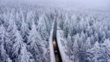 Trees are covered with snow and ice as cars drive on a road in the forests of the Taunus region in Frankfurt, Germany, Dec. 5, 2022.
