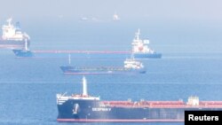 FILE - Cargo ship Despina V, carrying Ukrainian grain, is seen in the Black Sea off Kilyos near Istanbul, Turkey, Nov. 2, 2022. African leaders hope to broach the thorny issue of how a heavily sanctioned Russia can be paid for the fertilizer exports Africa desperately needs.
