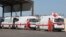 FILE - Lebanese Red Cross vehicles are parked at the Lebanese-Syrian border crossing in Arida, Lebanon, Sept. 23, 2022.
