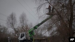 Workers of the electricity supply company DTEK maintain power lines by cutting off excess branches in Kyiv, Ukraine, Dec. 8, 2022.