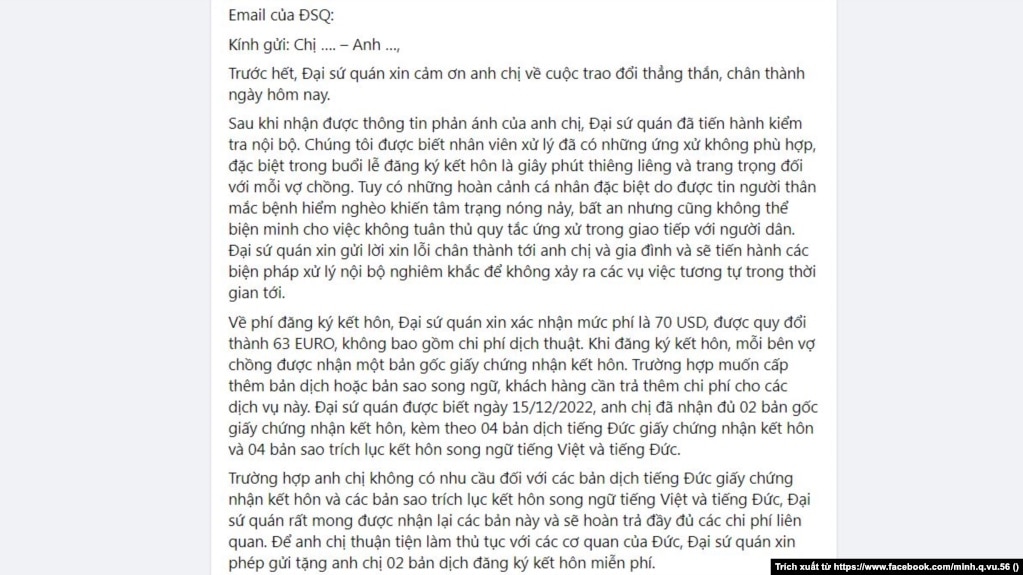 Trích đoạn email của Đại sứ quán Việt Nam tại Đức vừa gửi chị... nào đó và anh... nào đó. (Hình: Trích xuất từ trang Facebook của đại sứ Vu Quang Minh)
