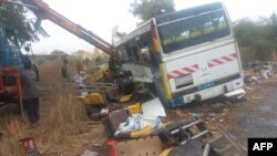 FILE: A general view of the scene of a bus accident in Kaffrine, central Senegal, on January 8, 2023 where at least 38 people have died and scores were injured when two buses collided. 