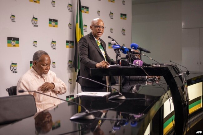 Ruling African National Congress (ANC) political party spokesperson Pule Mabe addresses a press conference at the party headquarters in Johannesburg, Dec. 1, 2022.