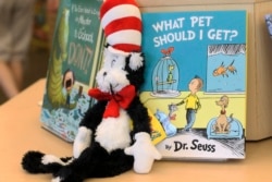 FILE - A plush “Cat in the Hat” toy is displayed next to “What Pet Should I Get?,” the latest book by Dr. Seuss, on Tuesday, July 28, 2015 at a bookstore in Concord, N.H. (AP Photo/Holly Ramer)