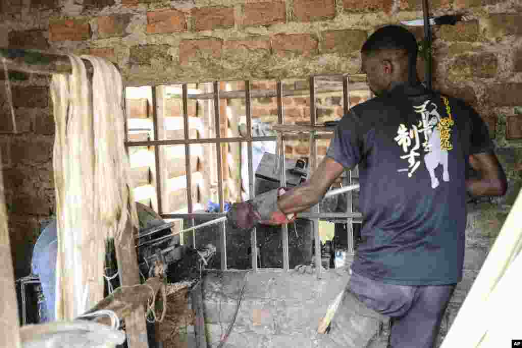 Employee Anathole Kisakye, employee, extracts banana fiber threads using a machine Tupande Holdings Ltd workshop, in Kiwenda village, Busukuma, Wakiso District. Uganda, Sept. 20, 2023.&nbsp;